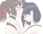  2girls black_hair blush brown_hair bust forehead_kiss hair_ornament hair_ribbon ise_(kantai_collection) kantai_collection kiss long_hair multiple_girls ponytail red_eyes ribbon short_hair udon_(shiratama) yamashiro_(kantai_collection) yuri 