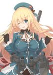  1girl atago_(kantai_collection) beret black_gloves blonde_hair blue_dress blue_eyes dress frilled_sleeves frills gloves hat highres kagerou_(shadowmage) kantai_collection long_hair looking_at_viewer machinery military military_uniform one_eye_closed solo uniform white_background 