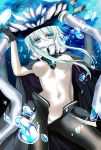  1girl blue_eyes bodysuit bubble cape gloves hat highres hisakahazara_(hijojo) kantai_collection long_hair looking_at_viewer pale_skin shinkaisei-kan silver_hair solo underwater wo-class_aircraft_carrier 