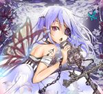  1girl bandaged_arm bandages butterfly chain eyepatch highres holding long_hair looking_at_viewer microphone_stand open_mouth original silver_hair solo soramu tagme violet_eyes wind 