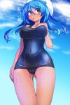  1girl bare_shoulders beret blue_eyes blue_hair braid breasts hat impossible_clothes impossible_swimsuit kantai_collection long_hair looking_at_viewer one-piece_swimsuit school_swimsuit solo swimsuit tan tenken_(gotannda) translated urakaze_(kantai_collection) wet 