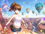  1girl airplane bare_shoulders belt blue_eyes bow bracelet brown_hair canyon glasses hair_bow hot_air_balloon jewelry long_hair original ponytail river shorts sky smile solo un_s 