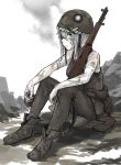 1girl adapted_costume alcohol alternate_hairstyle bandages bodysuit cigarette ergot gloves gun highres kantai_collection looking_at_viewer m1_garand military military_uniform pale_skin rifle shinkaisei-kan silver_hair smoking solo trait_connection uniform weapon wo-class_aircraft_carrier world_war_ii 