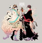  2boys black_hair branch chain club hair_ornament hakutaku_(hoozuki_no_reitetsu) highres hoozuki_(hoozuki_no_reitetsu) hoozuki_no_reitetsu horn horns ivxxx japanese_clothes multiple_boys oni pointy_ears short_hair weapon 