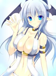  1girl blue_eyes blue_hair blush breasts demon_girl head_wings long_hair looking_at_viewer luxuria navel pixiv_succubus pointy_ears smile solo succubus 