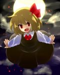  1girl :d blonde_hair blouse fang full_moon hair_ribbon moon night open_mouth outstretched_arms red_eyes ribbon rumia shirokuro_gin short_hair skirt smile spread_arms touhou vest 