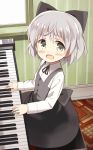  1girl blush child dress glastonbury1966 green_eyes hair_ribbon instrument looking_at_viewer piano ribbon sanya_v_litvyak short_hair silver_hair sitting smile solo strike_witches young 