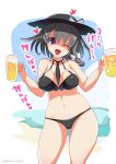  1girl alcohol alternate_color alternate_costume alternate_eye_color amisu beer bikini bikini_top black_hair bow dated hair_bow hair_ornament hat hat_ribbon heart highres looking_at_viewer midriff navel necktie one_eye_closed open_mouth panties ribbon short_hair smile solo swimsuit text touhou underwear usami_renko violet_eyes 