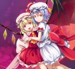  2girls :d blonde_hair blue_eyes bow flandre_scarlet hat highres light_smile looking_at_viewer multiple_girls open_mouth red_eyes remilia_scarlet short_hair skirt smile sody standing touhou wings 