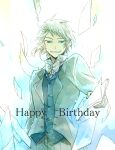  1boy birthday blue_eyes blush elliot_nightray flying_paper formal grey_hair highres necktie open_mouth pandora_hearts paper short_hair smile suit vest 