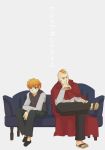  2boys arm_support blue_eyes couch dual_persona larten_crepsley multiple_boys necktie redhead sandals sayoshi scar short_hair sitting the_saga_of_darren_shan the_saga_of_larten_crepsley vampire vest younger 