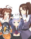  3girls akaneyu_akiiro antenna_hair bird blue_eyes blush brown_eyes brown_hair crescent_hair_ornament double_bun elbow_gloves failure_penguin gloves hair_ornament hand_on_hip holding kantai_collection long_hair long_sleeves multiple_girls nachi_(kantai_collection) naka_(kantai_collection) navel object_on_head open_mouth penguin purple_hair school_uniform short_hair short_hair_with_long_locks side_ponytail simple_background skirt stuffed_toy white_background yayoi_(kantai_collection) 