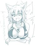  1girl :d animal_ears breast_hold breast_squeeze breasts bust cleavage crossed_arms fox_ears fox_tail large_breasts looking_at_viewer monochrome monrooru open_mouth sketch sleeveless slit_pupils smile solo tail touhou unbuttoned yakumo_ran 