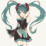  1girl aqua_eyes aqua_hair bare_shoulders detached_sleeves hand_on_headphones hatsune_miku headphones kouga_228 long_hair multicolored_eyes nail_polish necktie parted_lips pink_eyes pleated_skirt skirt smile solo thigh-highs twintails very_long_hair vocaloid 
