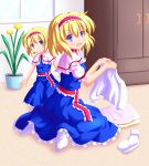  2girls :d alice_margatroid blonde_hair blue_eyes capelet dress frilled_dress frills hairband highres multiple_girls nanaoto_(lycia) open_mouth shirt short_hair sitting smile socks time_paradox touhou wariza younger 