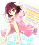  1girl :/ animal_ears barefoot black_hair carrot carrot_necklace inaba_tewi jewelry legs looking_at_viewer morioka_itari pendant rabbit_ears red_eyes short_hair sitting solo tagme touhou 