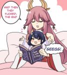  2girls blanket blush_stickers book character_request english_commentary genshin_impact happy highres hinghoi holding holding_book japanese_clothes kimono meme multiple_girls on_bed pillow speech_bubble they_had_lots_of_sex_afterwards_(meme) 