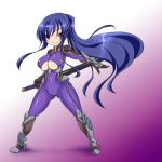  akiyama_rinko arm_guards blue_hair bodysuit leotard long_hair maron_(kagamikunn) sword taimanin_yukikaze very_long_hair violet_eyes weapon 