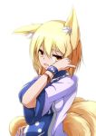  1girl animal_ears blonde_hair breasts dress fox_ears fox_girl fox_tail from_side hair_tussle hand_on_hip impossible_clothes looking_at_viewer merry_(diameri) multiple_tails no_hat short_hair solo tabard tail touhou white_dress yakumo_ran yellow_eyes 