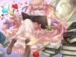  1girl apple azuuru_(azure0608) book book_stack boots candle cup dress flower food fruit globe hair_ribbon hat long_hair looking_at_viewer moon paper patchouli_knowledge pink_hair ribbon rose solo striped striped_dress tea teacup touhou very_long_hair vial violet_eyes 