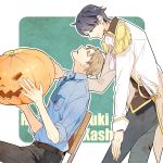  1boy 1girl brown_eyes brown_hair chair epaulettes gekkan_shoujo_nozaki-kun green_eyes grey_hair hori_masayuki jack-o&#039;-lantern kashima_yuu military military_uniform pumpkin rookya school_uniform short_hair sword uniform weapon 