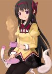  &gt;_&lt; 1girl akemi_homura bad_hands black_hair black_legwear bow brown_background cup flying_sweatdrops hair_ribbon jewelry kyubey long_hair looking_at_viewer mahou_shoujo_madoka_magica mahou_shoujo_madoka_magica_movie pantyhose ribbon school_uniform simple_background single_earring sitting sitting_on_animal skirt smile tea teacup tsubaki_(tatajd) violet_eyes 