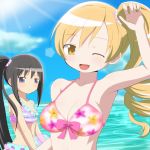  2girls ;d akemi_homura alternate_hairstyle bikini black_hair blonde_hair drill_hair highres long_hair looking_at_another looking_at_viewer mahou_shoujo_madoka_magica multiple_girls one_eye_closed open_mouth side_ponytail smile swimsuit tales1203 tomoe_mami violet_eyes water yellow_eyes 