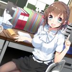  1girl :d belt binder blue_eyes brown_hair chair desk index_finger_raised open_mouth original pantyhose paper pencil_case short_hair sitting smile solo staff_room teacher tissue_box yatsu_(sasuraino) 