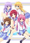  5girls :d all_fours angel_beats! ankle_lace-up blonde_hair blue_eyes brown_hair cross-laced_footwear fuyuichi hisako_(angel_beats!) irie_(angel_beats!) iwasawa kneehighs loafers long_hair multiple_girls open_mouth pink_eyes pink_hair ponytail purple_hair red_eyes redhead school_uniform sekine serafuku shoes short_hair sitting sleeves_rolled_up smile thigh_strap two_side_up yui_(angel_beats!) 