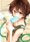  1girl barakamon brown_eyes brown_hair eating highres overalls popsicle short_hair solo tank_top toriol_3 water water_hose yamamura_miwa 