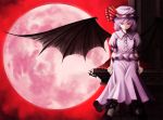  1girl bat_wings dress frilled_dress frills full_moon hat hat_ribbon mmm_(mikito) mob_cap moon puffy_short_sleeves puffy_sleeves red_eyes remilia_scarlet ribbon short_hair short_sleeves sitting touhou wings 