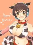  1girl animal_ears bell bell_collar blush breasts brown_eyes brown_hair cleavage collar cow_bell cow_ears cow_horns cow_print happy_birthday headset horns idolmaster idolmaster_cinderella_girls looking_at_viewer navel oikawa_shizuku open_mouth pekosuke short_hair smile solo 