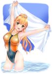  1girl arms_up blonde_hair competition_swimsuit feet_in_water green_eyes long_hair one-piece_swimsuit original ponytail reiji-sss soaking_feet standing swimsuit towel water 