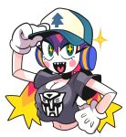  +_+ 1girl autobot baseball_cap blush_stickers boomina boomina_the_maidroid breasts bust casual cleavage commentary eyeshadow female gashi-gashi gloves gradient_hair green_eyes hat heart heart_in_mouth long_hair makeup multicolored_hair orange_hair pink_hair robot_ears sharp_teeth smile solo t-shirt transformers twintails white_gloves 