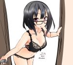  1girl bespectacled black_bra black_hair black_panties bra breasts cleavage glasses kantai_collection large_breasts lingerie looking_at_viewer navel nekobaka no_hat open_mouth opening_door panties red_eyes short_hair solo takao_(kantai_collection) underwear 