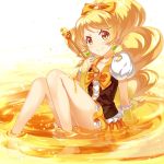  1girl barefoot blonde_hair buntan cure_honey food happinesscharge_precure! honey long_hair magical_girl object_namesake oomori_yuuko ponytail precure sitting skirt smile solo yellow_eyes 