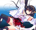  1girl arm_up bare_shoulders black_hair detached_sleeves frilled_skirt frills hairband haruna_(kantai_collection) haruta_(806060) highres kantai_collection lace lace-trimmed_thighhighs long_hair nontraditional_miko pleated_skirt red_eyes red_skirt sinking skirt solo submerged tears thigh-highs torn_clothes torn_skirt torn_sleeves torn_thighhighs underwater 