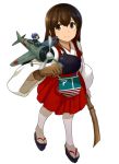  1girl airplane akagi_(kantai_collection) blush bow_(weapon) brown_hair fairy_(kantai_collection) japanese_clothes kantai_collection long_hair muneate omuraisu_echizen short_hair skirt weapon 