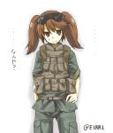  1girl alternate_costume black_eyes brown_hair eiri_(eirri) hand_on_hip kantai_collection looking_at_viewer military military_uniform ryuujou_(kantai_collection) solo sunglasses sunglasses_on_head sweatdrop translated twintails uniform vest wavy_mouth 