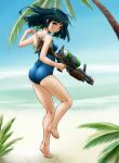  1girl ass barefoot beach black_hair blue_hair blush brown_eyes competition_school_swimsuit highres himadarou legs long_hair looking_at_viewer looking_back one-piece_swimsuit original outdoors palm_tree sand school_swimsuit smile solo swimsuit tree water_gun 