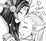  2girls diana_(league_of_legends) forehead_kiss forehead_protector kiss league_of_legends leona_(league_of_legends) monochrome multiple_girls tsugumi_(artist) 