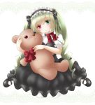  1girl drill_hair gothic_lolita green_hair hairband heterochromia holding lolita_fashion lolita_hairband miko_92 object_hug original sitting smile solo stuffed_animal stuffed_toy tagme teddy_bear twintails 