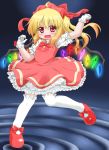  1girl ahoge arm_up blonde_hair blush bow braid cardcaptor_sakura cosplay fang flandre_scarlet gloves hair_bow kinomoto_sakura kinomoto_sakura_(cosplay) magical_girl oden_(th-inaba) open_mouth red_eyes sash side_braid solo thigh-highs touhou white_legwear wings 