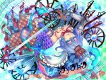  1girl armband blue_eyes blue_hair breasts cape cleavage from_above gloves hair_ornament hairclip magical_girl mahou_shoujo_madoka_magica mahou_shoujo_madoka_magica_movie mermaid miki_sayaka monster_girl oktavia_von_seckendorff short_hair solo spoilers sword tears untsue weapon 