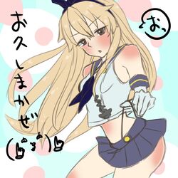  1girl bare_legs blonde_hair blush crop_top crop_top_overhang elbow_gloves fujima_(k114) gloves highleg highleg_panties kantai_collection long_hair midriff miniskirt panties panty_pull sailor_collar shimakaze_(kantai_collection) skirt small_breasts solo underwear white_gloves 