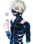  1boy absurdres eyepatch gimp_suit highres hiroki_(hirokiart) kaneki_ken looking_at_viewer mask red_eyes short_hair solo spoilers tokyo_ghoul white_hair 