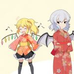  &gt;:( 2girls :d ^_^ annoyed bat_wings black_legwear blonde_hair blush cato_(monocatienus) closed_eyes commentary fang flandre_scarlet frilled_skirt frilled_sleeves frills frown happy japanese_clothes jealous kimono miniskirt multiple_girls musical_note obi open_mouth red_eyes remilia_scarlet sash short_hair siblings side_ponytail silver_hair sisters skirt smile spoken_musical_note sweat thigh-highs touhou translated wavy_hair wings yukata 
