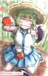  1girl ^_^ closed_eyes eggplant frog_hair_ornament green_hair grin hair_ornament hat highres kneeling kochiya_sanae kongari_tokei long_hair skirt smile snake_hair_ornament solo sun_hat thigh-highs tomato touhou vegetable zettai_ryouiki 