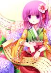  1girl :o flower frilled_sleeves frills hair_flower hair_ornament hieda_no_akyuu japanese_clothes kimono long_sleeves moseley purple_hair scroll short_hair touhou violet_eyes wide_sleeves 