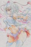  1girl absurdres animal_ears blush breasts colored_pencil_(medium) detached_sleeves exploding_clothes hat highres inubashiri_momiji kitazinger large_breasts open_mouth red_eyes short_hair silver_hair skirt solo tail tokin_hat torn_clothes touhou traditional_media white_hair wolf_ears wolf_tail 